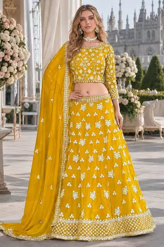 Yellow Embroidered Heavy Organza Lehenga With Blouse