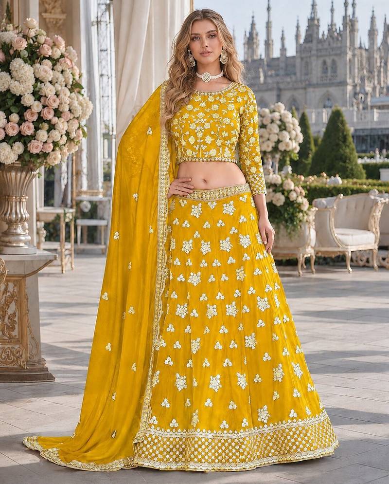 Yellow Embroidered Heavy Organza Lehenga With Blouse