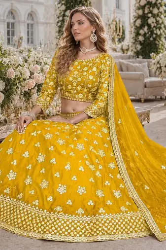 Yellow Embroidered Heavy Organza Lehenga With Blouse