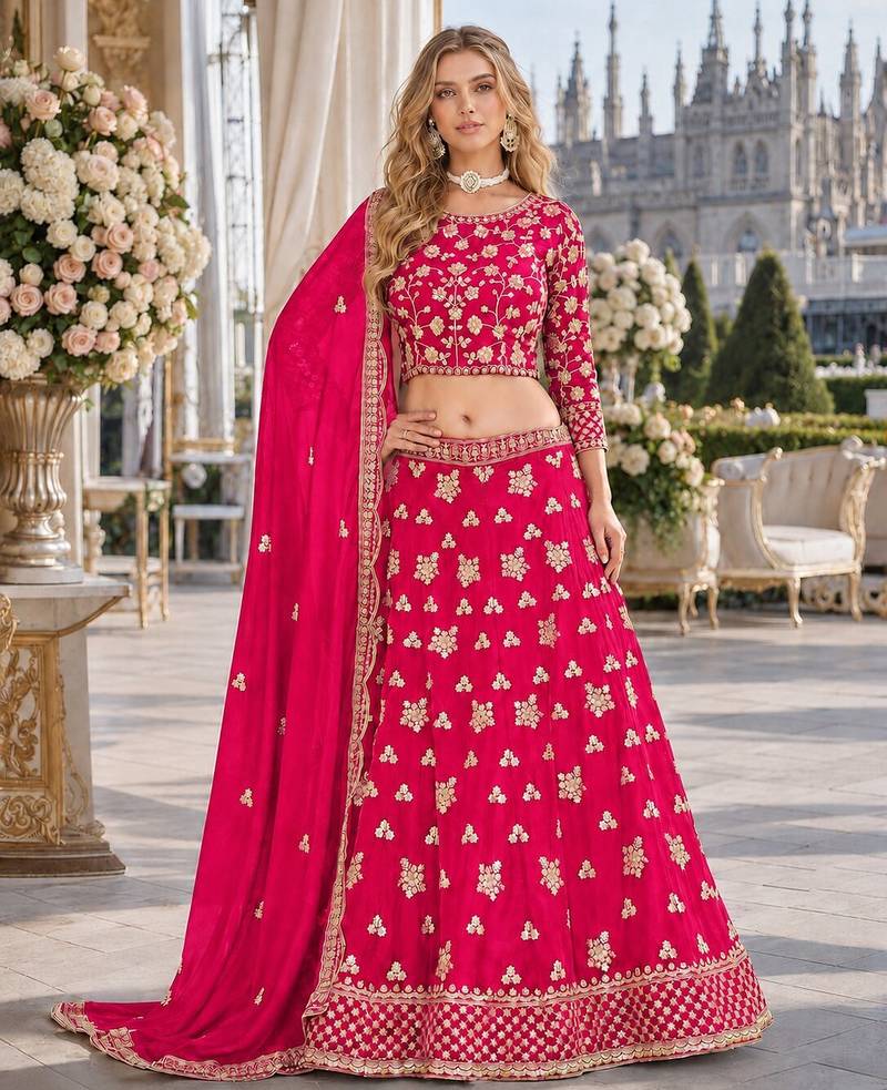 Rani Pink Embroidered Heavy Organza Lehenga With Blouse