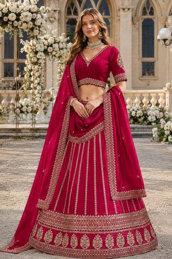 Rani Pink Embroidered Art Silk Lehenga With Blouse