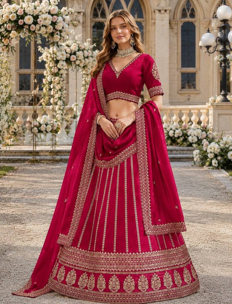 Rani Pink Embroidered Art Silk Lehenga With Blouse