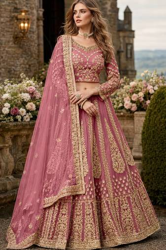 Pink Embroidered Net Lehenga With Blouse