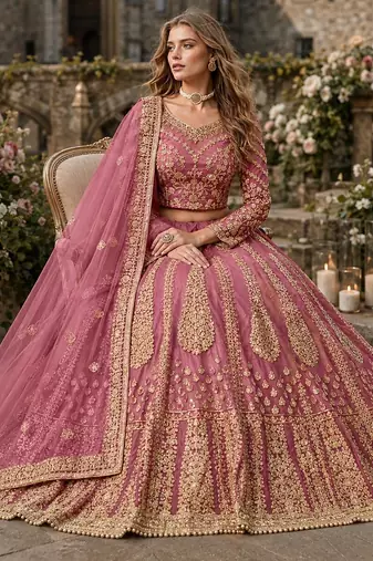 Pink Embroidered Net Lehenga With Blouse
