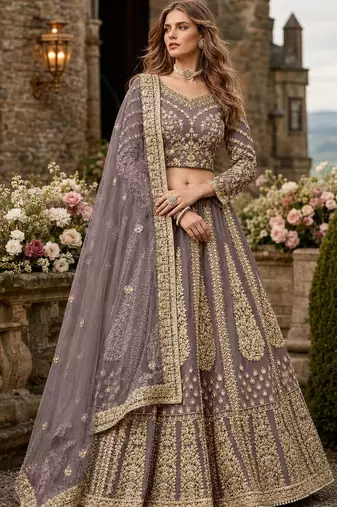 Purple Embroidered Net Lehenga With Blouse