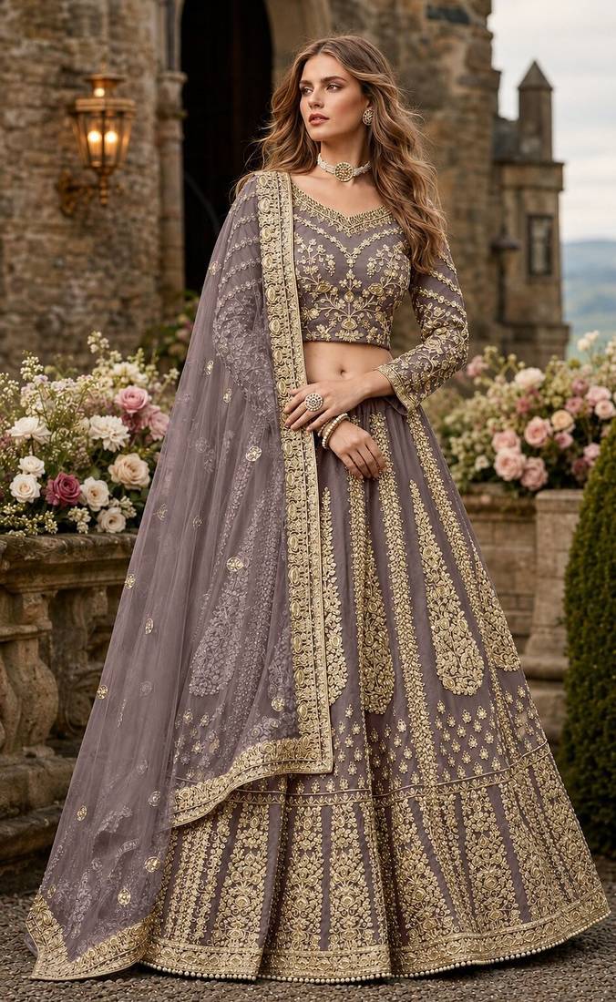 Purple Embroidered Net Lehenga With Blouse
