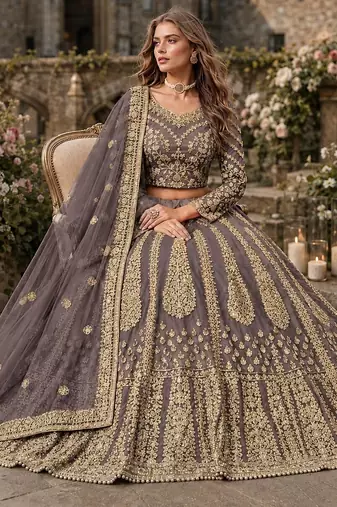 Purple Embroidered Net Lehenga With Blouse