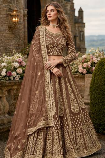 Brown Embroidered Net Lehenga With Blouse
