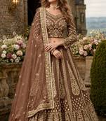 Brown Embroidered Net Lehenga With Blouse
