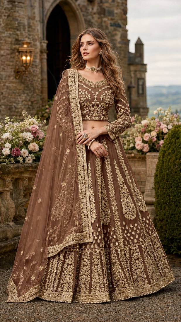 Brown Embroidered Net Lehenga With Blouse