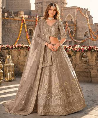 Brown Art Silk Semi Stitched Lehenga Choli with Heavy Embroidery Work 1