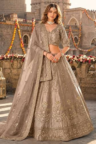 Brown Art Silk Semi Stitched Lehenga Choli with Heavy Embroidery Work
