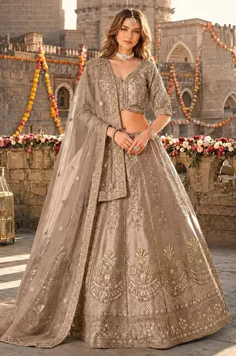 Brown Art Silk Semi Stitched Lehenga Choli with Heavy Embroidery Work