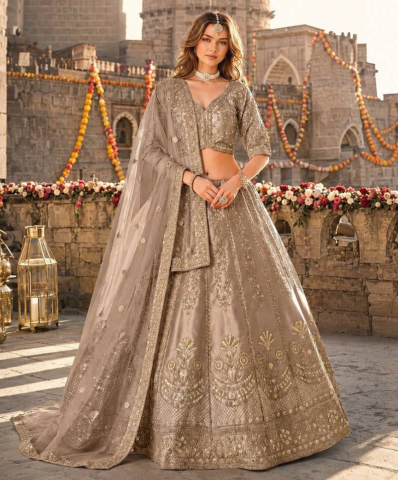 Brown Art Silk Semi Stitched Lehenga Choli with Heavy Embroidery Work