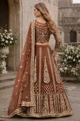 Brown Embroidered Net Lehenga With Blouse