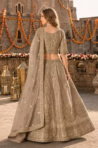 Brown Art Silk Semi Stitched Lehenga Choli with Heavy Embroidery Work