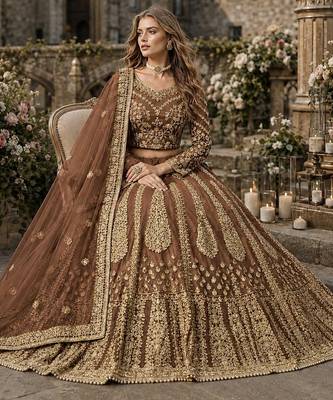 Brown Embroidered Net Lehenga With Blouse 3