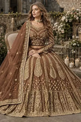 Brown Embroidered Net Lehenga With Blouse