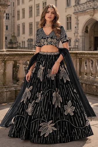 Black heavy art silk semi stitched lehenga choli with embroidery work