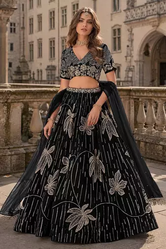 Black heavy art silk semi stitched lehenga choli with embroidery work