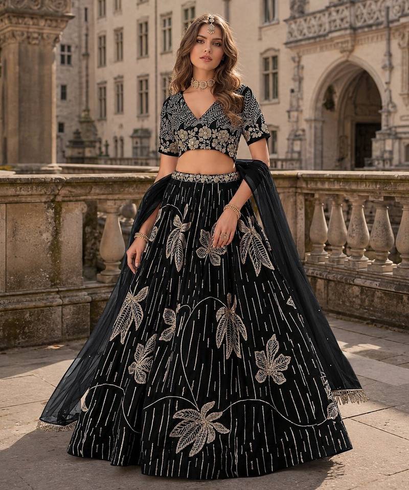 Black heavy art silk semi stitched lehenga choli with embroidery work