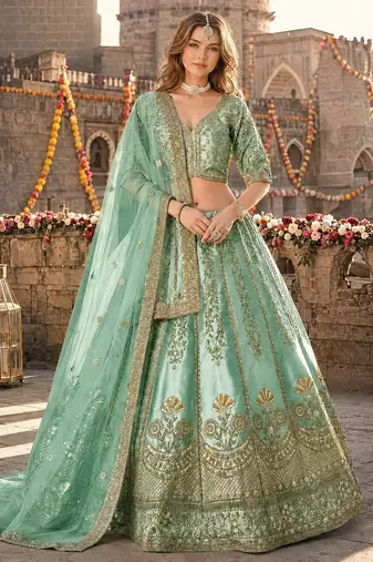 Sea Green Art Silk Semi Stitched Lehenga Choli with Heavy Embroidery Work