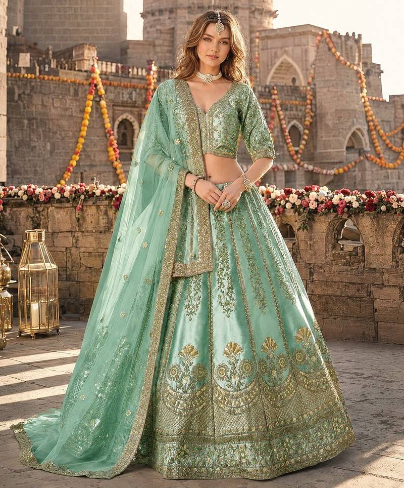 Sea Green Art Silk Semi Stitched Lehenga Choli with Heavy Embroidery Work