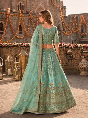 Sea Green Art Silk Semi Stitched Lehenga Choli with Heavy Embroidery Work 2