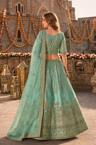 Sea Green Art Silk Semi Stitched Lehenga Choli with Heavy Embroidery Work
