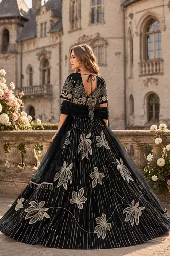 Black heavy art silk semi stitched lehenga choli with embroidery work