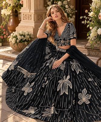 Black heavy art silk semi stitched lehenga choli with embroidery work 3