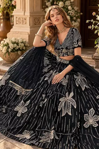 Black heavy art silk semi stitched lehenga choli with embroidery work