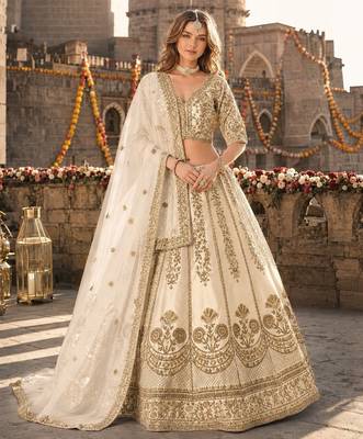 White Art Silk Semi Stitched Lehenga Choli with Heavy Embroidery Work 1
