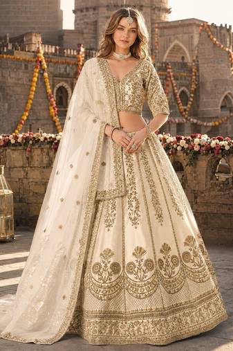 White Art Silk Semi Stitched Lehenga Choli with Heavy Embroidery Work