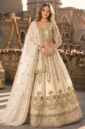 White Art Silk Semi Stitched Lehenga Choli with Heavy Embroidery Work