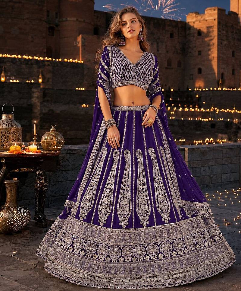 Violet Faux Georgette Semi Stitched Lehenga Choli with Sequence Work
