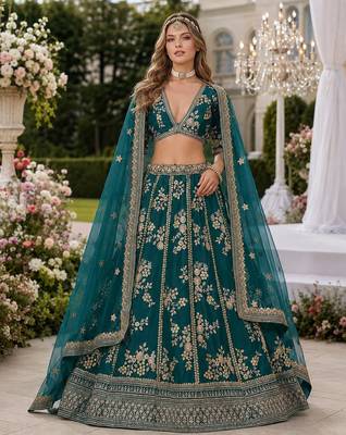 Teal Embriodered Heavy Art Silk Lehenga With Blouse 1