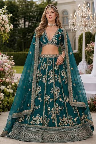 Teal Embriodered Heavy Art Silk Lehenga With Blouse