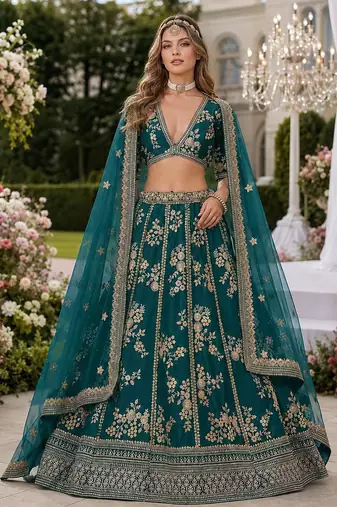 Teal Embriodered Heavy Art Silk Lehenga With Blouse