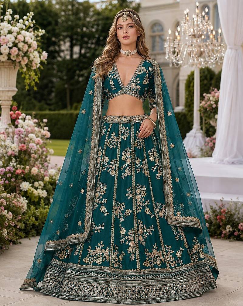 Teal Embriodered Heavy Art Silk Lehenga With Blouse
