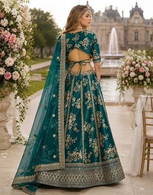 Teal Embriodered Heavy Art Silk Lehenga With Blouse 2