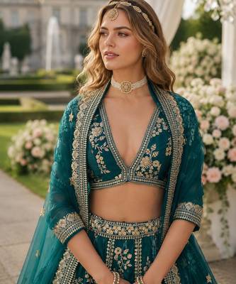 Teal Embriodered Heavy Art Silk Lehenga With Blouse 3