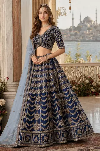 Teal Blue Art Silk Semi Stitched Lehenga Choli with Heavy Embroidery Work