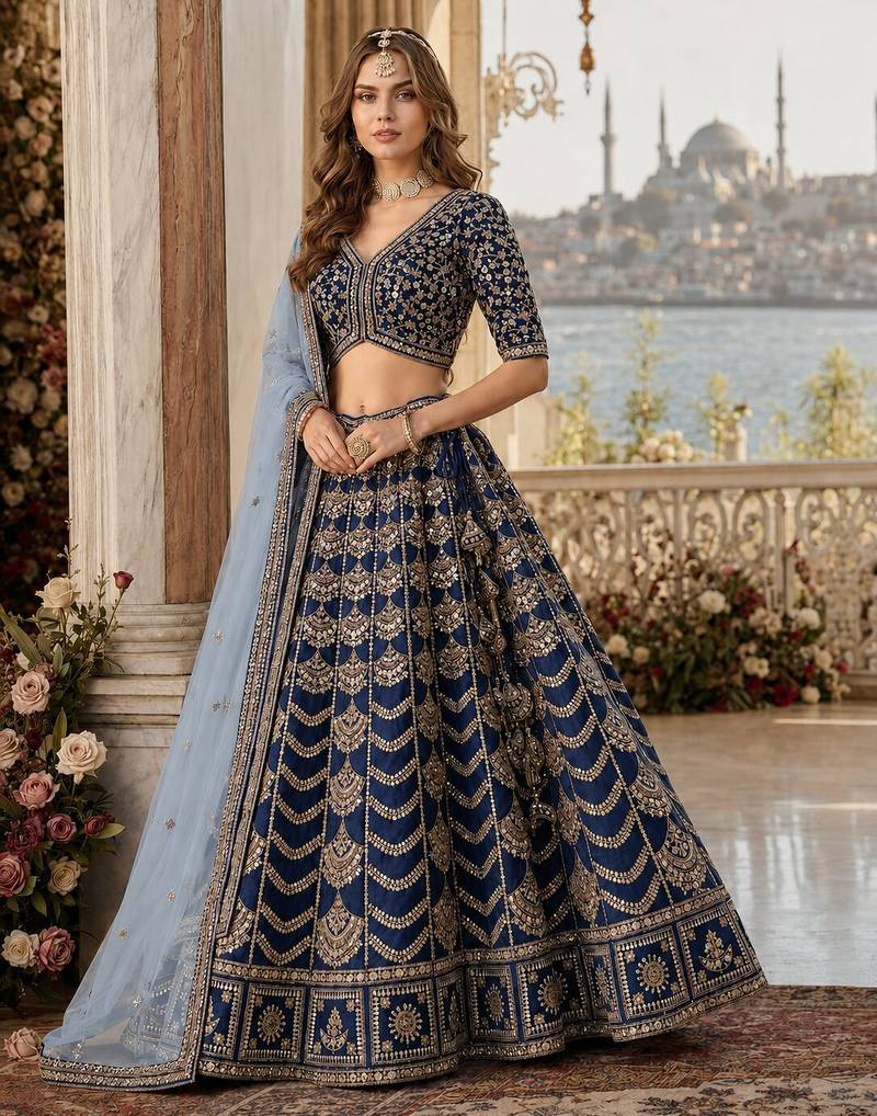 Teal Blue Art Silk Semi Stitched Lehenga Choli with Heavy Embroidery Work