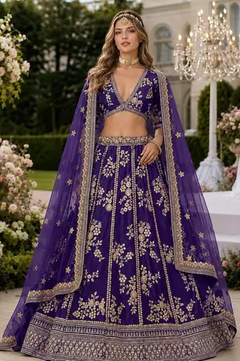 Purple Embriodered Heavy Art Silk Lehenga With Blouse