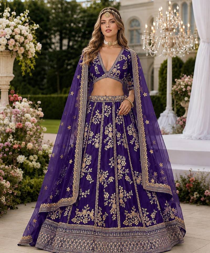 Purple Embriodered Heavy Art Silk Lehenga With Blouse