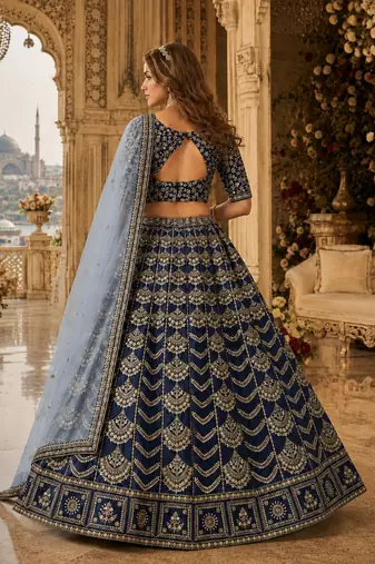 Teal Blue Art Silk Semi Stitched Lehenga Choli with Heavy Embroidery Work