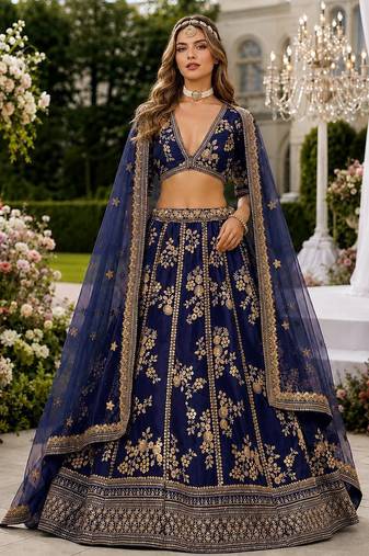 Navy Blue Embriodered Heavy Art Silk Lehenga With Blouse
