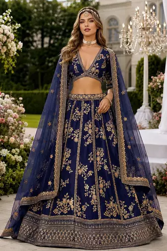Navy Blue Embriodered Heavy Art Silk Lehenga With Blouse