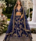 Navy Blue Embriodered Heavy Art Silk Lehenga With Blouse